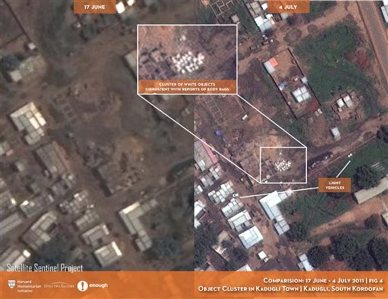 In this Digital Globe satellite images made available by the US monitoring group the Satellite Sentinel Project Thursday and analyzed by the Harvard Humanitarian Initiative, a site in Kadugli town in a sealed-off region of Sudan appears to be a mass grave, offering the first aerial photographs from a conflict zone that outside observers can't access. 
